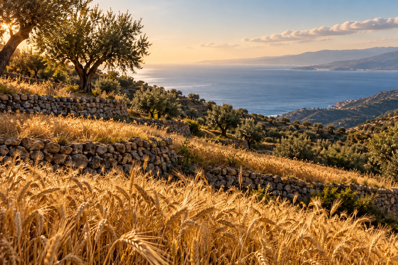 Terrazzamenti con muretti a secco e grano maturo su una collina che guarda il mare